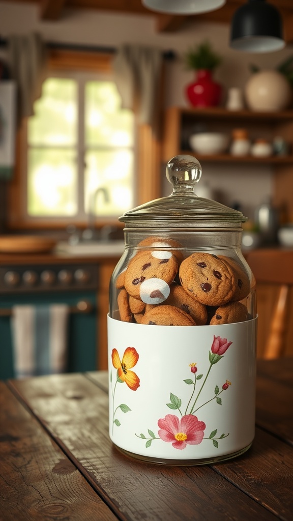 A vintage cookie jar filled with chocolate chip cookies on a rustic table.
